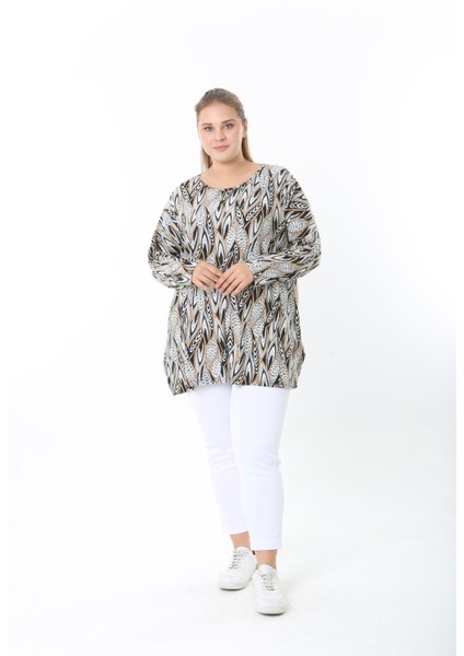 Yünlü Viskon Desenli Likralı Kadın Büyük Beden Tunik indirimleri
