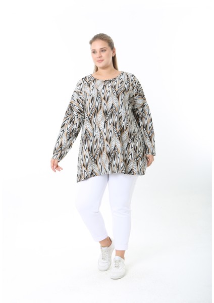 Yünlü Viskon Desenli Likralı Kadın Büyük Beden Tunik