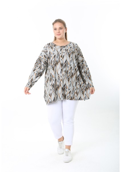Yünlü Viskon Desenli Likralı Kadın Büyük Beden Tunik