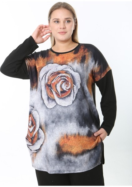 Yünlü Viskon Desenli Likralı Kadın Büyük Beden Tunik