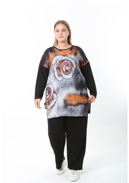 Yünlü Viskon Desenli Likralı Kadın Büyük Beden Tunik