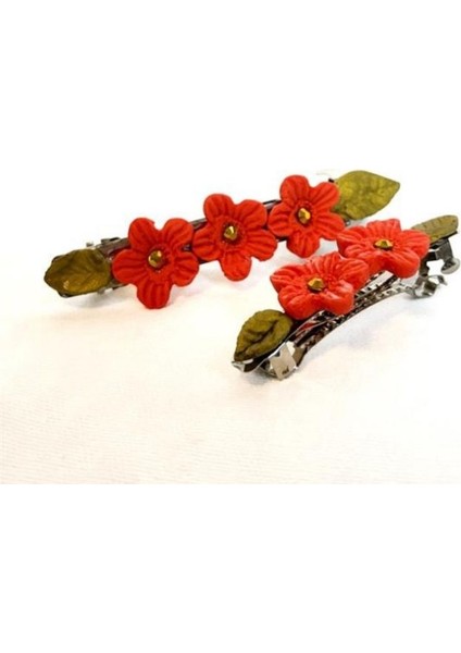 8715 El Yapımı Taşlı Çiçek Desenli Polimer Kil 2’li Set Klipsli Saç Tokası / 8 cm - 6 cm fırsatları