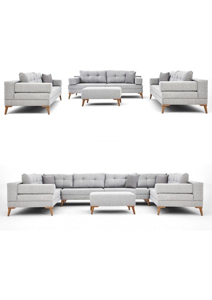 Zeri 3+3+3 Yataklı Puzzle Modüler U Köşe Koltuk Takımı & Puflu Köşe Takımı - Açık Gri 102