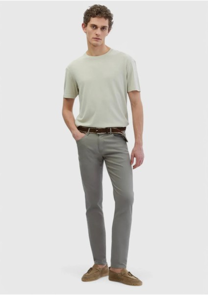 Gri Düz Dokuma Slim Fit Casual Pamuk Karışımlı Pantolon