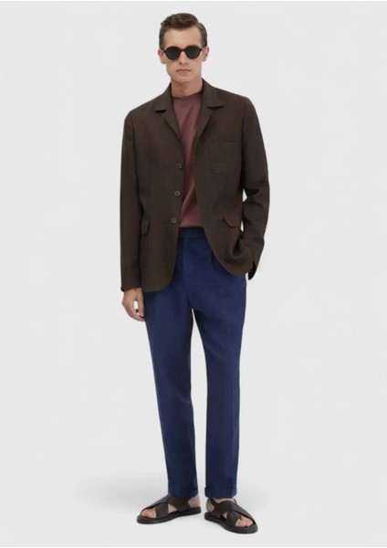 Kahverengi Düz Shirt Shoulder Slim Fit %100 Keten Ceket fiyatları