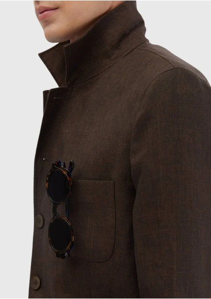 Kahverengi Düz Shirt Shoulder Slim Fit %100 Keten Ceket fırsatları