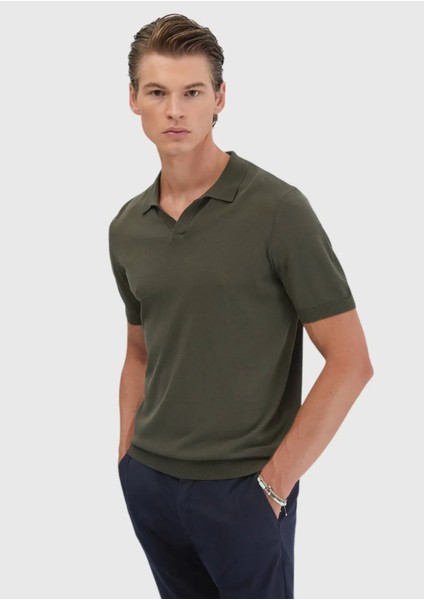 Haki Polo Yaka Düz Örgü Triko