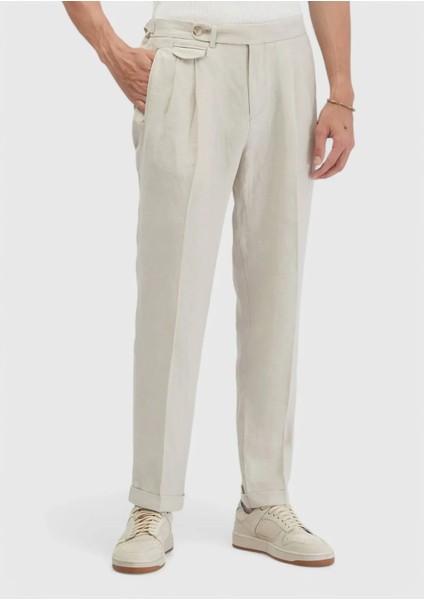 Kum Çizgili Dokuma Carrot Fit Casual %100 Keten Pantolon fiyatları