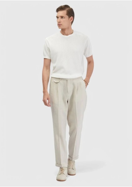 Kum Çizgili Dokuma Carrot Fit Casual %100 Keten Pantolon modelleri