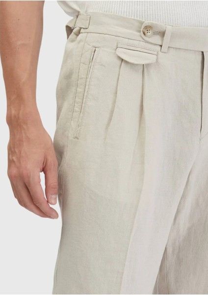 Kum Çizgili Dokuma Carrot Fit Casual %100 Keten Pantolon fırsatları