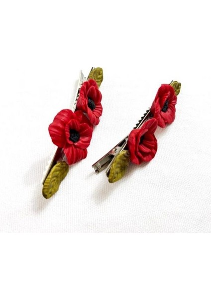 El Yapımı Gelincik Çiçek Desenli Polimer Kil 2’li Set Yan Saç Tokası / 7.5 cm modelleri