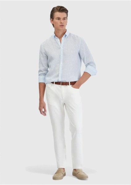 Mavi Çizgili Casual Fit Dokuma Casual %100 Keten Gömlek fiyatları