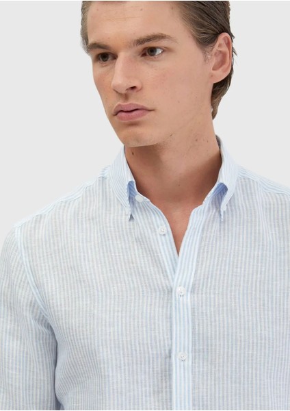 Mavi Çizgili Casual Fit Dokuma Casual %100 Keten Gömlek modelleri