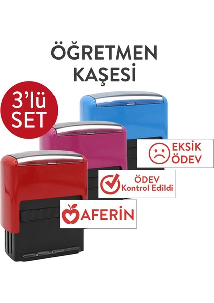 Öğretmen Kaşesi 3'lü Set - Aferin, Eksik Ödev, Ödev Kontrol Edildi
