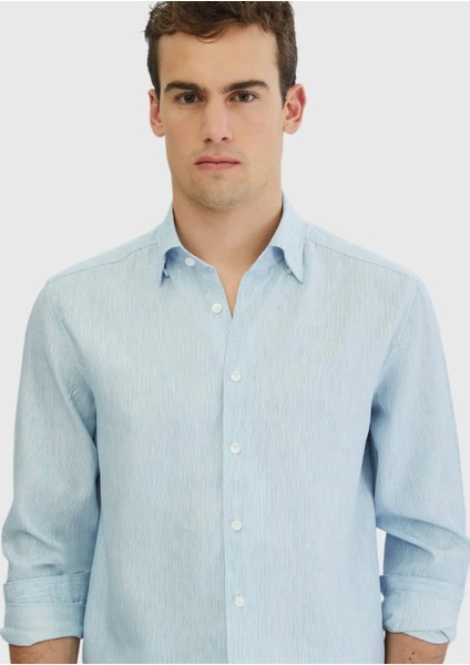 Mavi Çizgili Casual Fit Dokuma Casual Pamuk Karışımlı Gömlek fırsatları