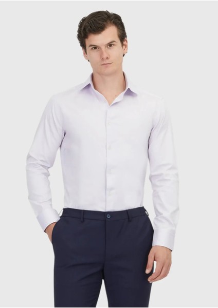 Lila Düz Regular Fit Dokuma Klasik %100 Pamuk Gömlek