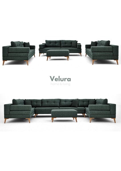 Zeri 3+3+3 Yataklı Puzzle Modüler U Köşe Koltuk Takımı & Puflu Köşe Takımı - Koyu Yeşil 125