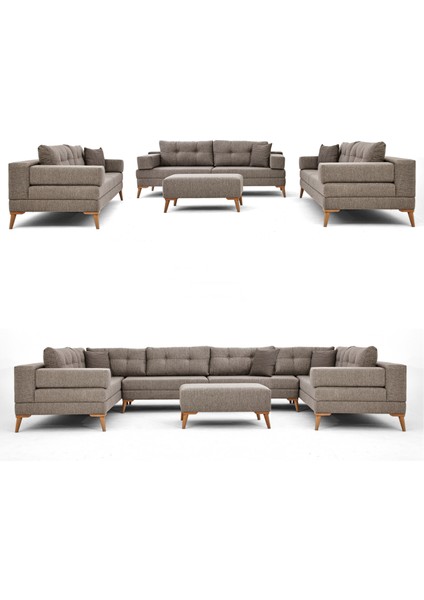 Zeri 3+3+3 Yataklı Puzzle Modüler U Köşe Koltuk Takımı & Puflu Köşe Takımı - Sütlü Kahve 160