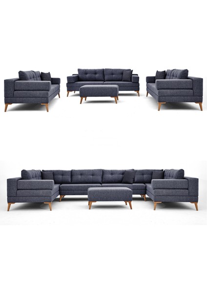 Zeri 3+3+3 Yataklı Puzzle Modüler U Köşe Koltuk Takımı & Puflu Köşe Takımı - Koyu Mavi 118