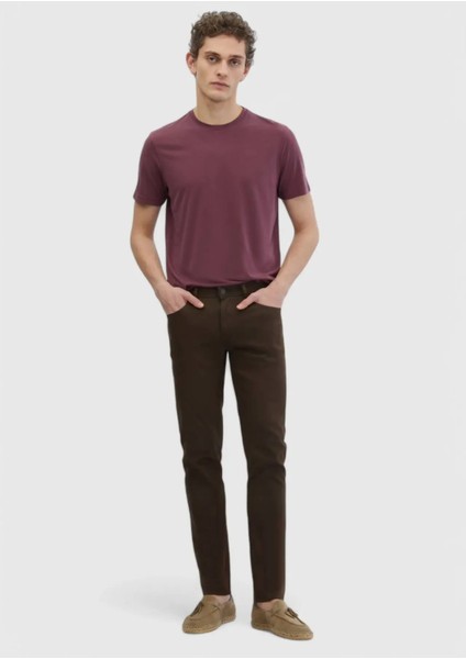 Kahverengi Düz Dokuma Slim Fit Casual Pamuk Karışımlı Pantolon