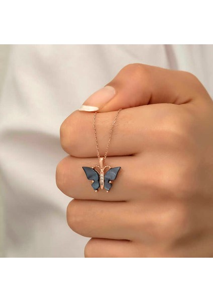Gümüş Rose Antrasit Kaplangözü Taşlı Kelebek Kolye (BC-2A3B08) indirimleri
