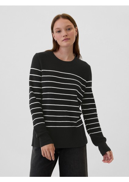 Kadın Siyah Dokulu Çizgili Bisiklet Yaka Kazak