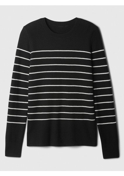 Kadın Siyah Dokulu Çizgili Bisiklet Yaka Kazak