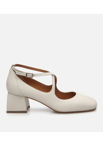 Kadın Deri Ekru Kalın Topuklu Ayakkabı