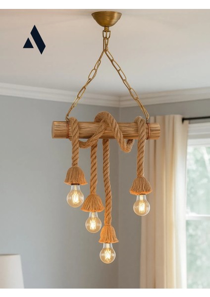 Cordela 4’lü Rustik Halatlı Ahşap Avize – Zincir Askılı, Otantik & Dekoratif Tasarım