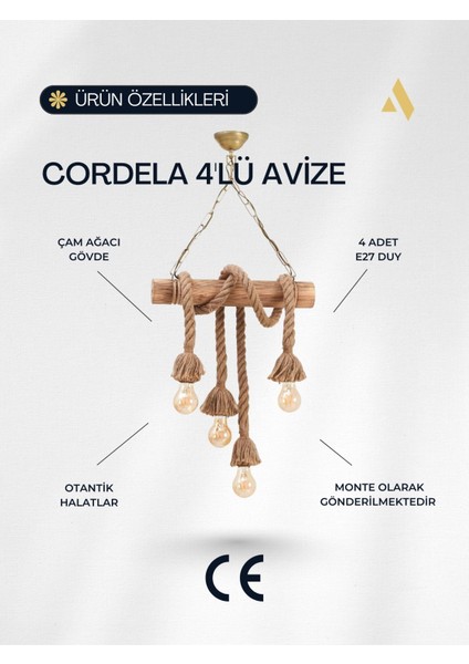 Cordela 4’lü Rustik Halatlı Ahşap Avize – Zincir Askılı, Otantik & Dekoratif Tasarım fiyatları