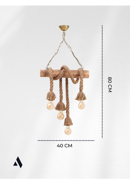 Cordela 4’lü Rustik Halatlı Ahşap Avize – Zincir Askılı, Otantik & Dekoratif Tasarım