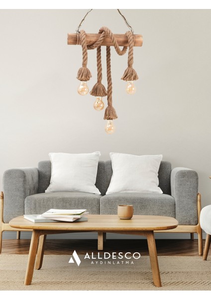 Cordela 4’lü Rustik Halatlı Ahşap Avize – Zincir Askılı, Otantik & Dekoratif Tasarım modelleri