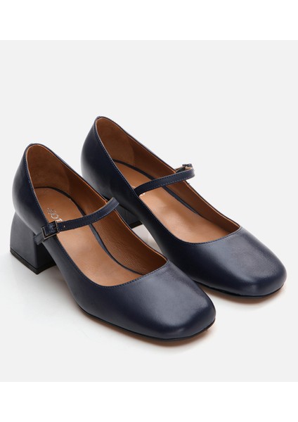 01Ayh291060A680 Mary Jane Deri Lacivert Kadın Kalın Topuk