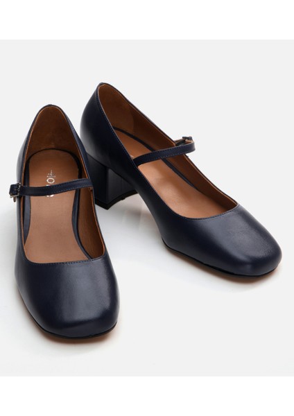 01Ayh291060A680 Mary Jane Deri Lacivert Kadın Kalın Topuk