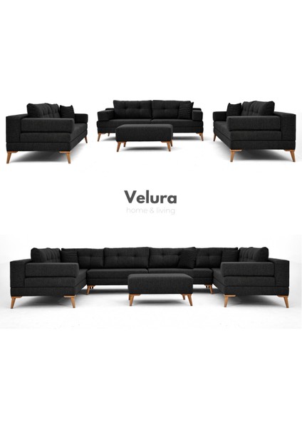 Zeri 3+3+3 Yataklı Puzzle Modüler U Köşe Koltuk Takımı & Puflu Köşe Takımı - Siyah 111