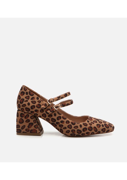 Kadın Mary Jane Leopar Desenli Kalın Topuklu Ayakkabı