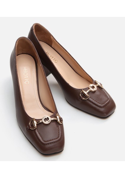 Kadın Deri Kahverengi Kalın Topuklu Ayakkabı