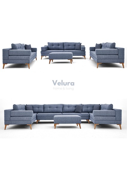 Zeri 3+3+3 Yataklı Puzzle Modüler U Köşe Koltuk Takımı & Puflu Köşe Takımı - Mavi 119