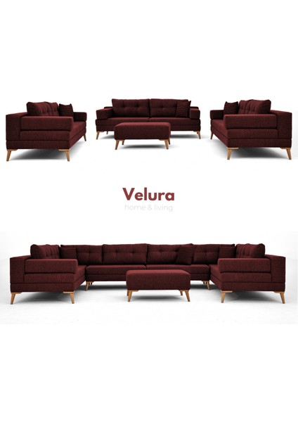 Zeri 3+3+3 Yataklı Puzzle Modüler U Köşe Koltuk Takımı & Puflu Köşe Takımı - Bordo 173