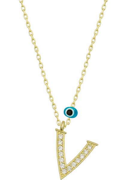 925 Ayar Gümüş Nazar Gold V Harfi Kadın Gümüş Kolye (BC-A5C38C)