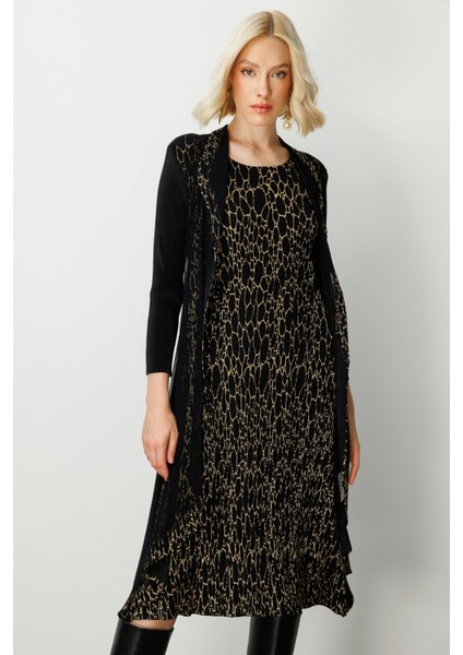 Tül Detaylı Akordiyon Kumaş Elbise Siyah 04901