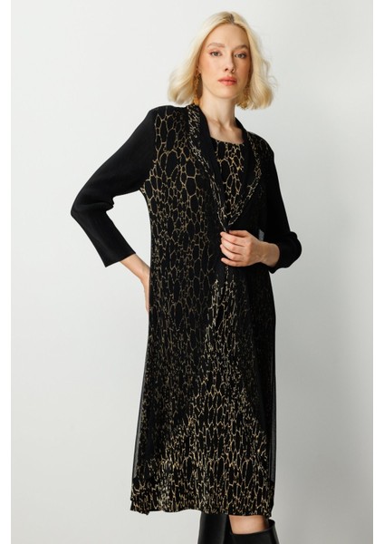 Tül Detaylı Akordiyon Kumaş Elbise Siyah 04901 fiyatları