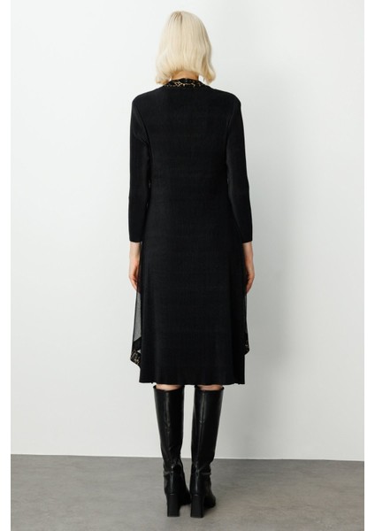 Tül Detaylı Akordiyon Kumaş Elbise Siyah 04901 modelleri