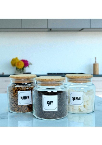 3'lü Ahşap Vakum Kapaklı Cam Çay Kahve Şeker Saklama Kavanozu Seti 500 ml Etiket Hediyeli