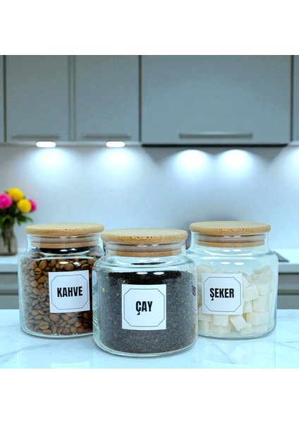3'lü Ahşap Vakum Kapaklı Cam Çay Kahve Şeker Saklama Kavanozu Seti 500 ml Etiket Hediyeli fırsatları