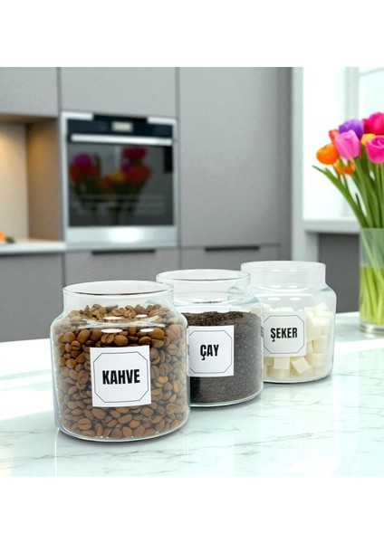 3'lü Ahşap Vakum Kapaklı Cam Çay Kahve Şeker Saklama Kavanozu Seti 500 ml Etiket Hediyeli