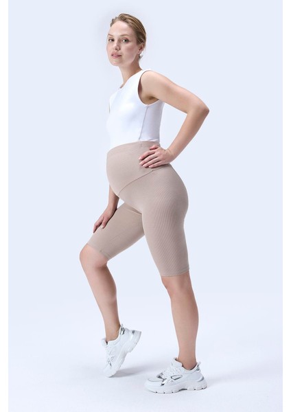 364 Bej Renk Fitilli Toparlayıcı ve Extra Esnek Etkili Yüksek Bel Hamile Tayt