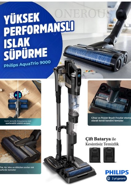 90 Dk Kesintisiz Temizlik Çift Bataryalı 9000 Serisi Aqua Trio Islak & Kuru ve Mop Özellikli Istasyonlu Dikey Süpürge