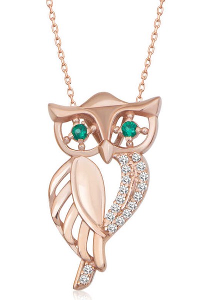 ​925 Ayar Gümüş Rose Yeşil Gözlü Baykuş Kadın Gümüş Kolye (BC-66C5C3)