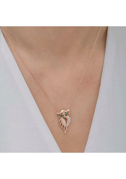 ​925 Ayar Gümüş Rose Yeşil Gözlü Baykuş Kadın Gümüş Kolye (BC-66C5C3) indirimleri